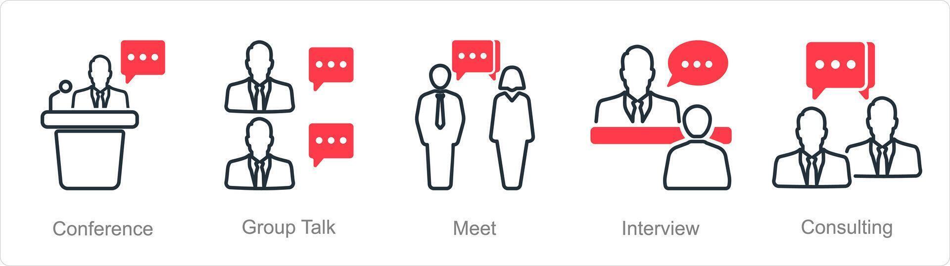 un' impostato di 5 incontro icone come conferenza, gruppo parlare, incontrare vettore
