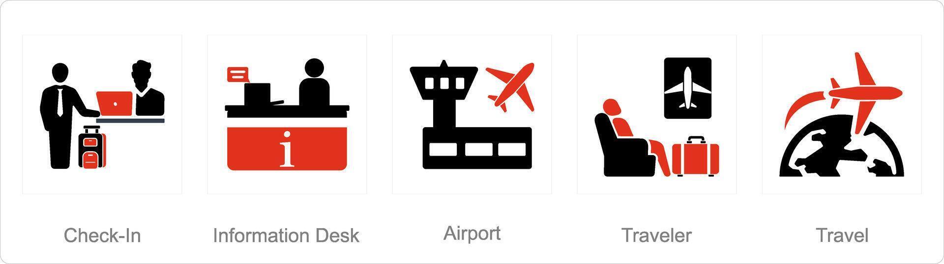 un' impostato di 5 aeroporto icone come dai un'occhiata in, informazione scrivania, aeroporto vettore