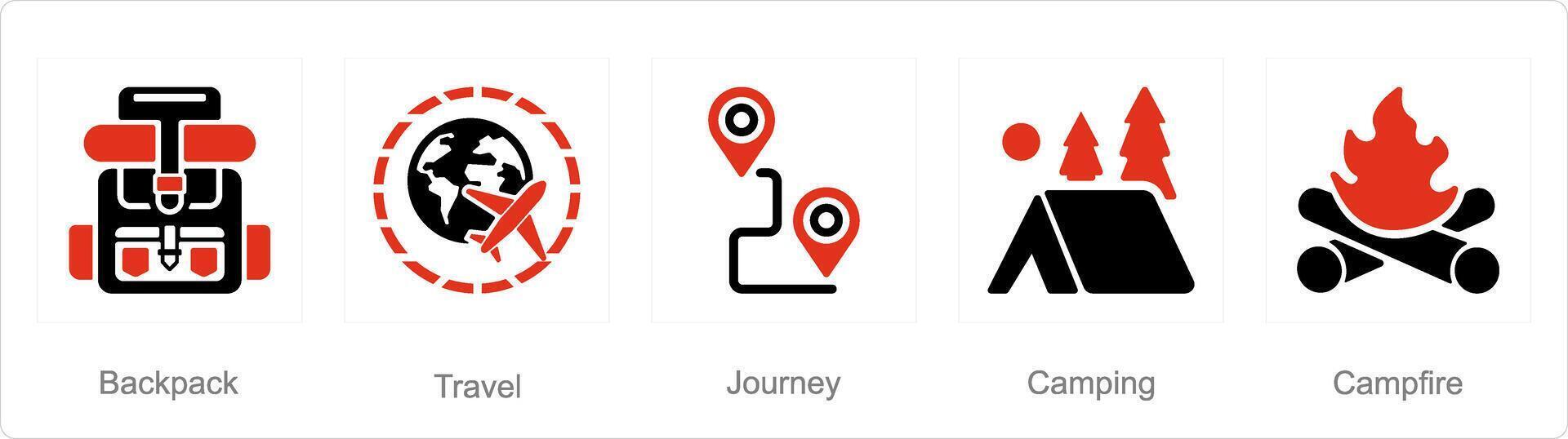 un' impostato di 5 avventura icone come zaino, viaggiare, viaggio vettore