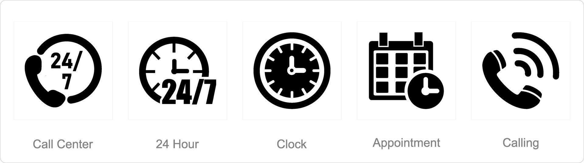 un' impostato di 5 contatto icone come chiamata centro, 24 ora, orologio vettore