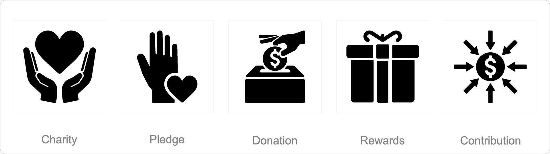 un' impostato di 5 raccolta di fondi icone come beneficenza, impegno, donazione vettore