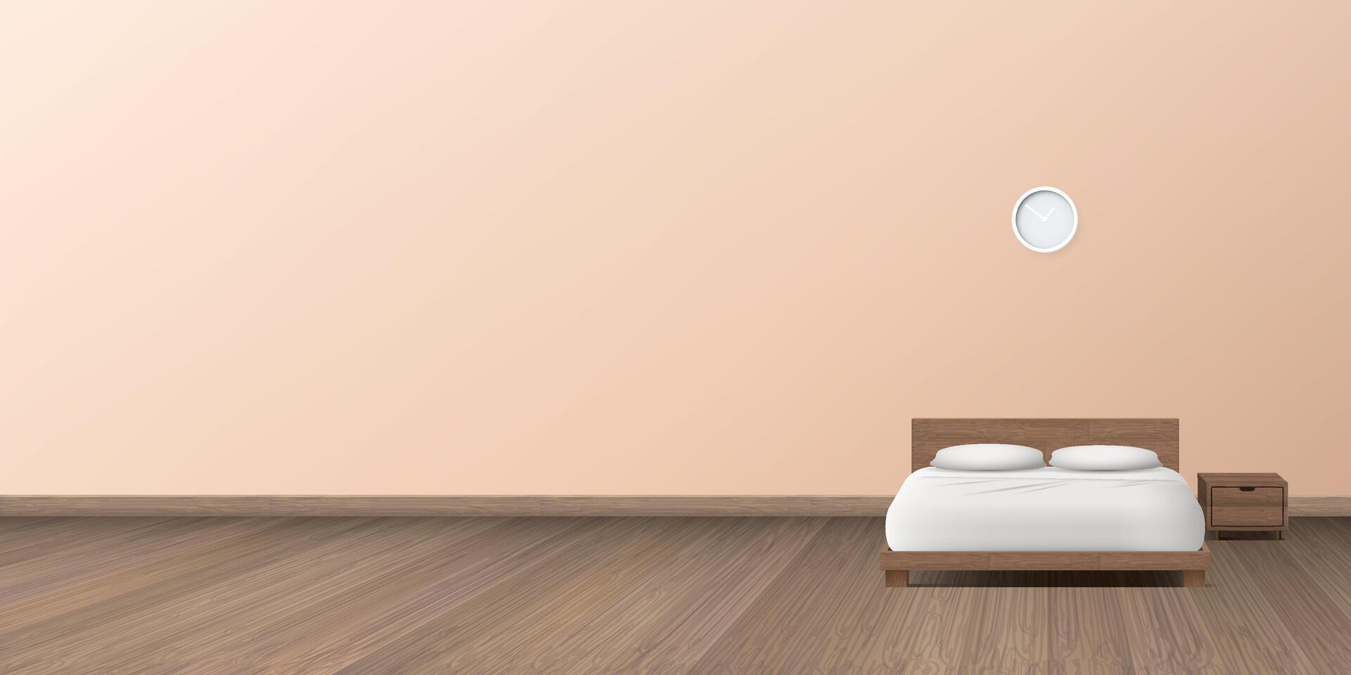 re dimensione letto su di legno pavimento nel il Camera da letto avere pesca tono parete sfondo vettore illustrazione.