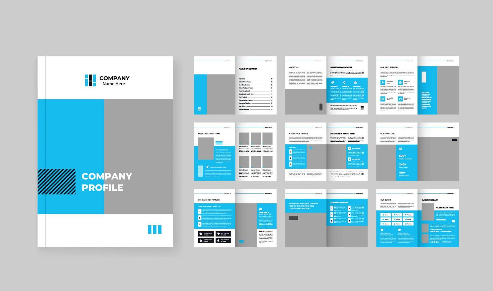 design profilo aziendale, brochure modello vettoriale, volantini, presentazioni, depliant, white paper, catalogo, rivista in formato A4. elementi geometrici grigio scuro e blu su sfondo bianco vettore