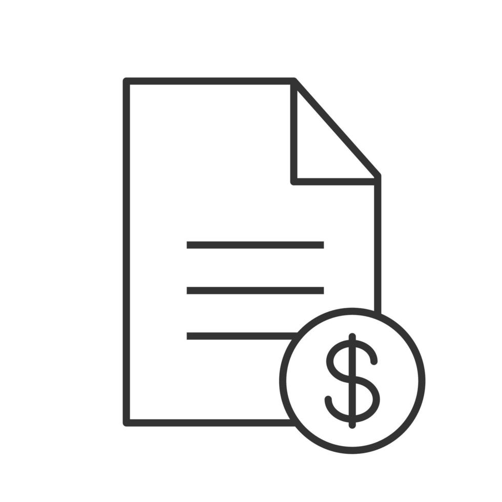 icona lineare del contratto. accordo commerciale. illustrazione di linea sottile. documento con il simbolo del contorno del dollaro. disegno vettoriale isolato contorno