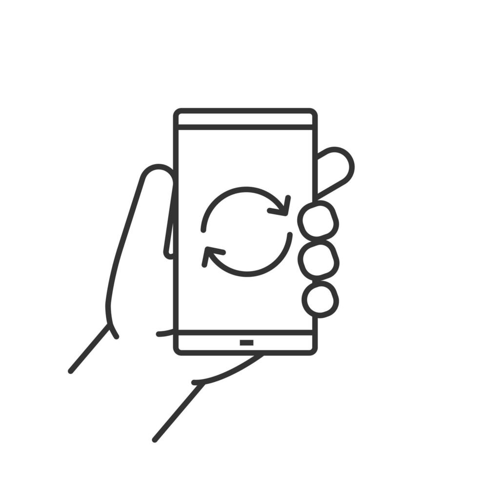 mano che tiene l'icona lineare dello smartphone. illustrazione di linea sottile. simbolo del contorno del riavvio dello smartphone. disegno vettoriale isolato contorno