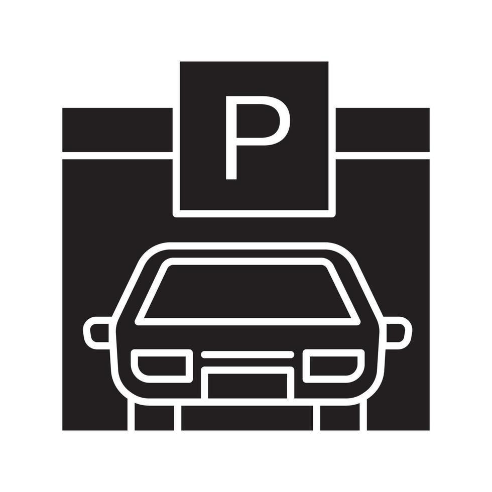 parcheggio, parcheggio, icona del glifo con capannone automatico. simbolo di sagoma. box auto con segno p. spazio negativo. illustrazione vettoriale isolato