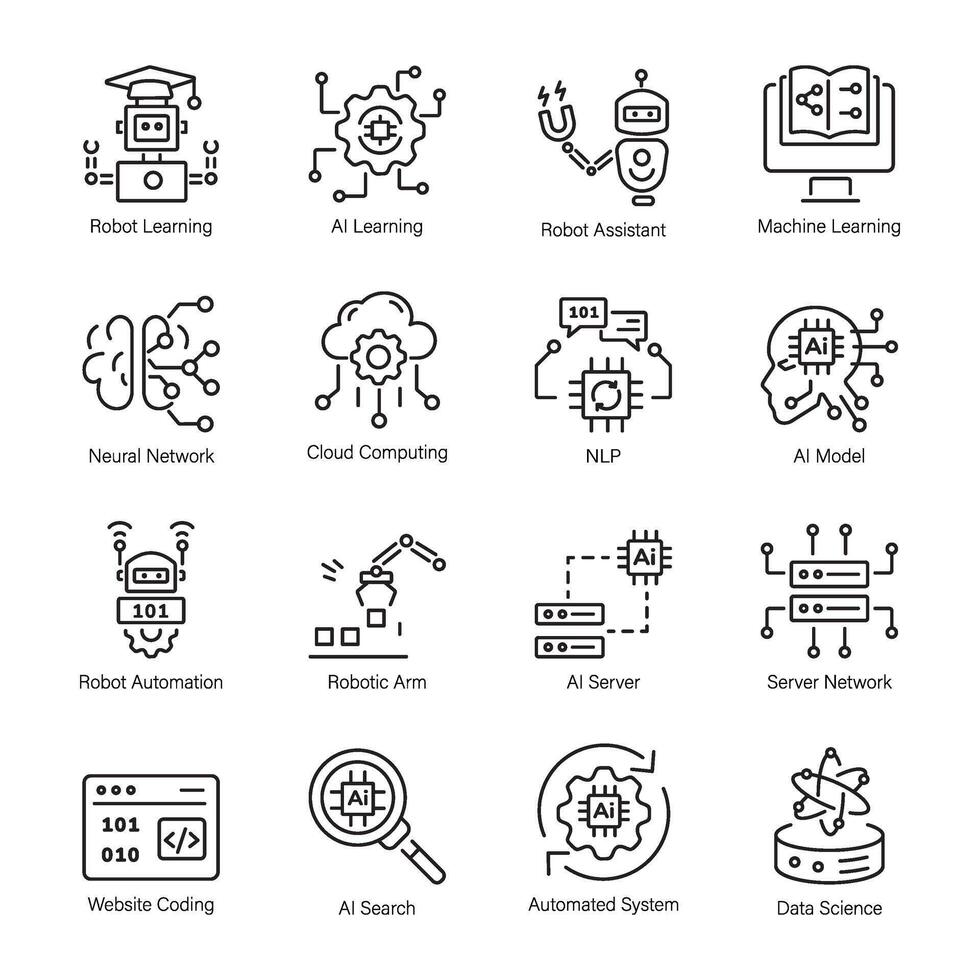 fascio di 16 macchina apprendimento lineare icone vettore