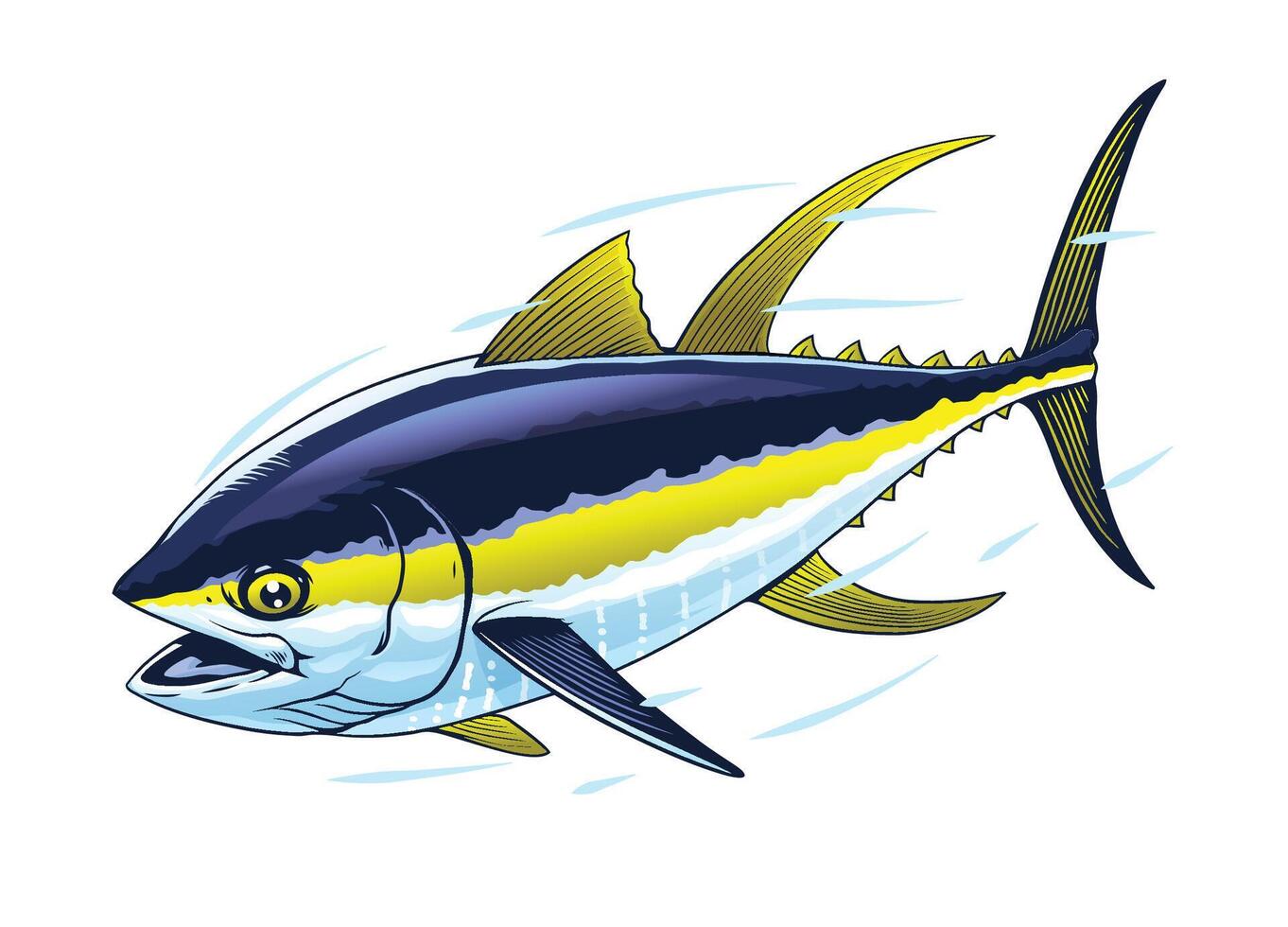 pinna gialla tonno pesce mano disegnato illustrazione nel veloce movimento vettore