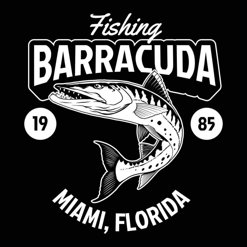 maglietta design di pesca Barracuda nel nero e bianca vettore