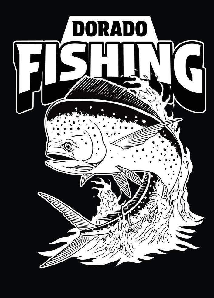 dorado pesca camicia illustrazione nero e bianca vettore