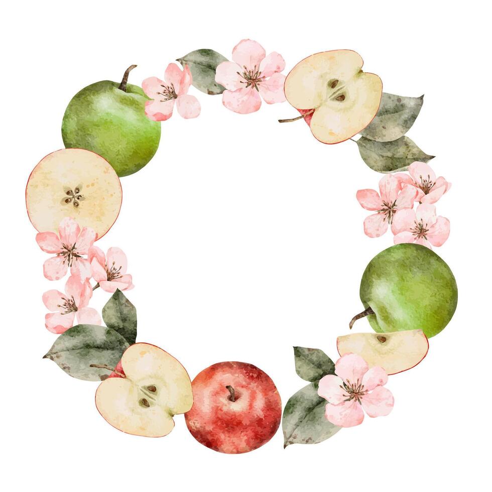 acquerello fioritura Mela albero rami, verde e rosso maturo mele ghirlanda. mano disegnato Mela fette illustrazione per succo pacchetto, carta, invito, tag vettore