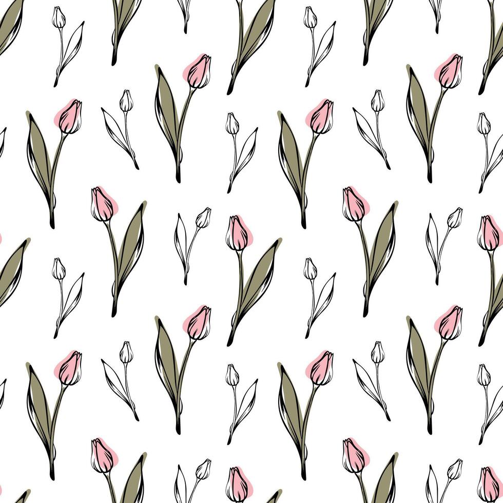 senza soluzione di continuità modello con primavera e estate colori. in stile schizzo tulipano modello, disegnato a mano su bianca sfondo per unico confezione disegni e fiore negozi. vettore