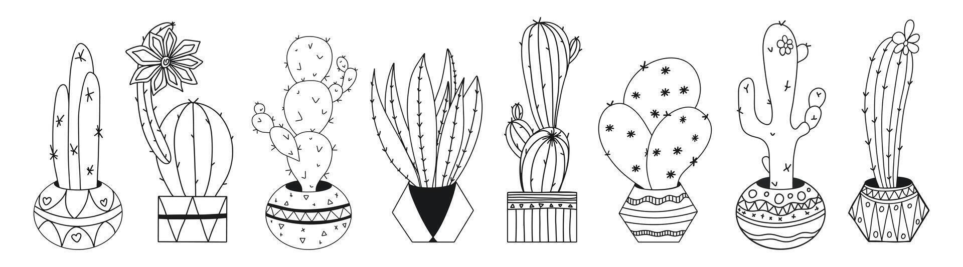 impostato di cactus nel pentole nel il scarabocchio stile, dipinto di mano. il colorazione pagina. schema di cactus con Vintage ▾ pentole per colorazione o unico design. nero e bianca. vettore