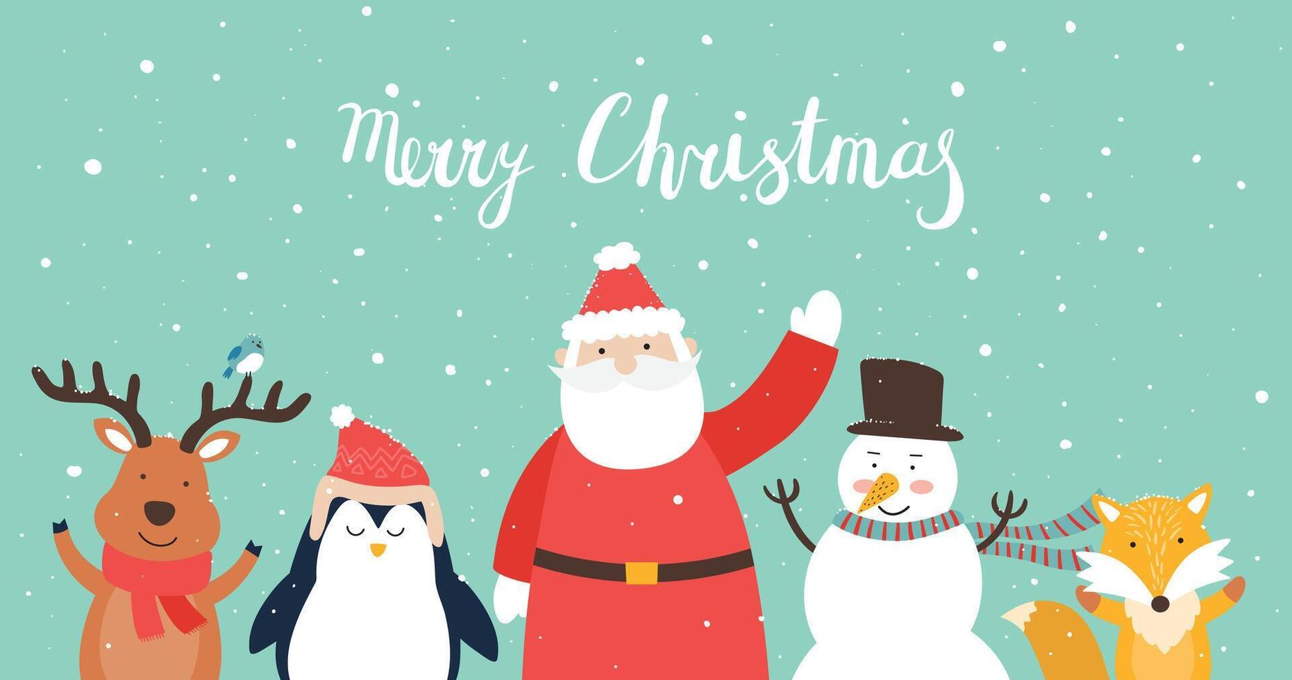 Natale personaggi - pupazzi di neve, Santa claus, Volpe, pinguino e procione isolato su verde sfondo vettore