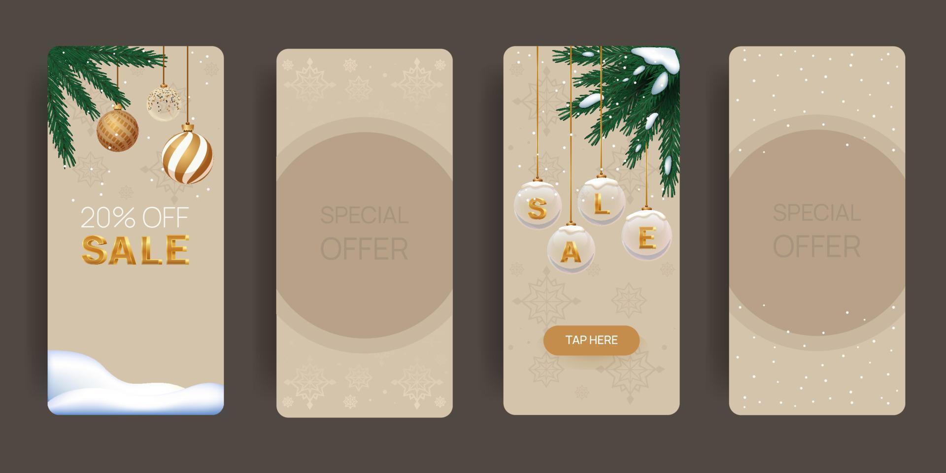 striscioni natalizi verticali con rami di abete e palline di albero di natale. layout di volantini di vendita di capodanno. vettore