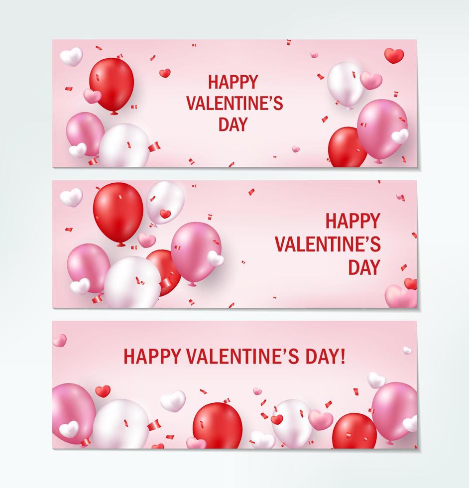 set di banner orizzontali di San Valentino. disegni romantici con oggetti festivi realistici, palloncini, cuori, coriandoli glitterati. vettore