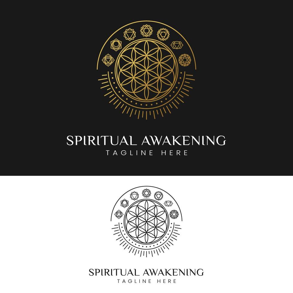 risveglio spirituale con il fiore della vita e il modello di progettazione del logo con 7 simboli chakra vettore