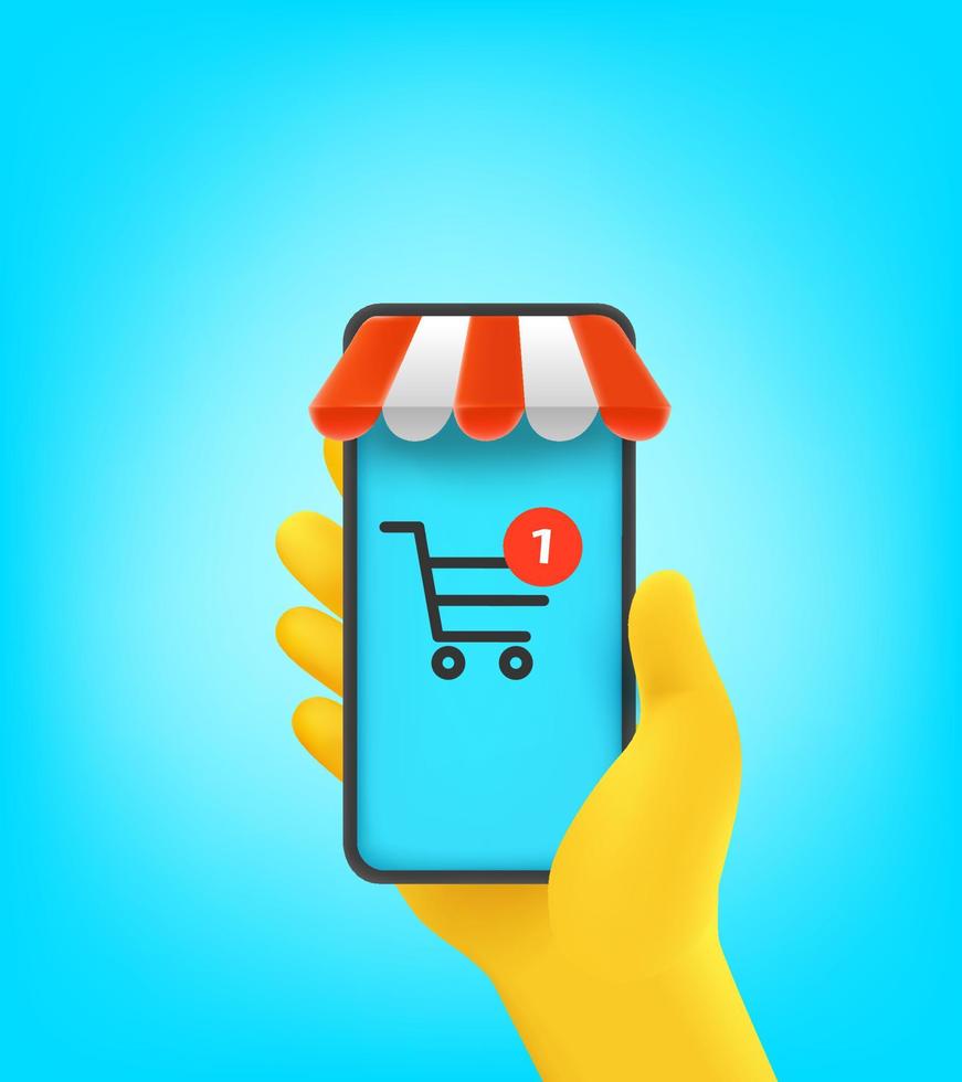 uomo che tiene il cellulare con l'applicazione per lo shopping vettore