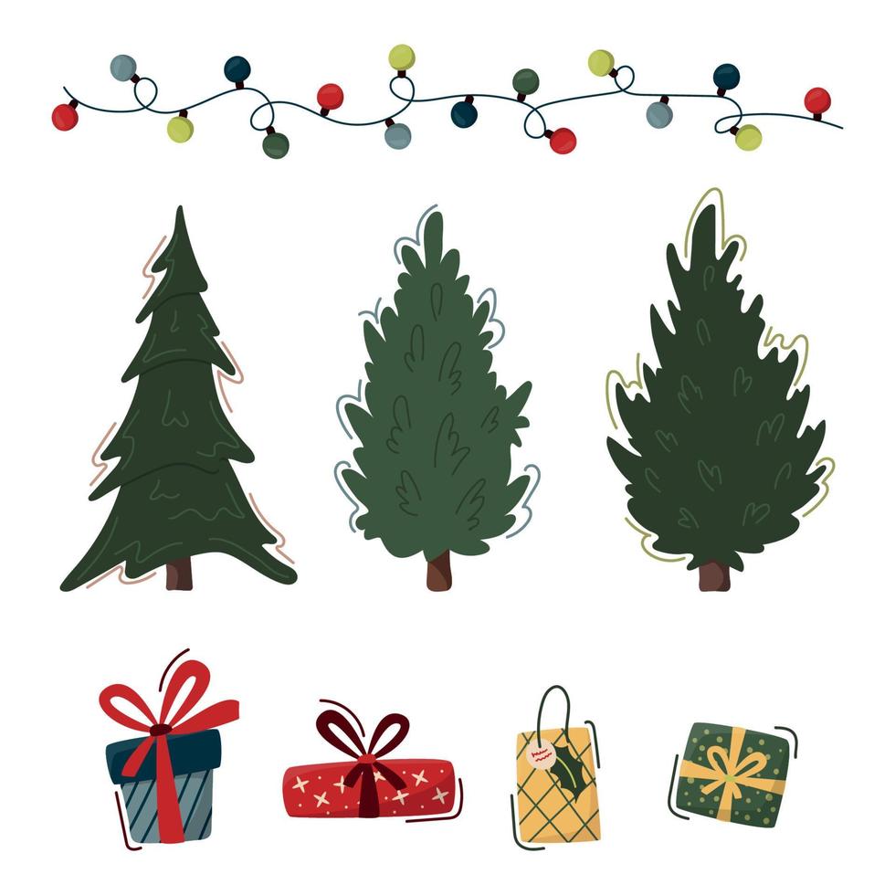 set di elementi natalizi in stile piatto alla moda. alberi di natale, scatole regalo e ghirlande. illustrazione vettoriale per banner, poster, cartoline, inviti, app, calendario dell'avvento, volantini