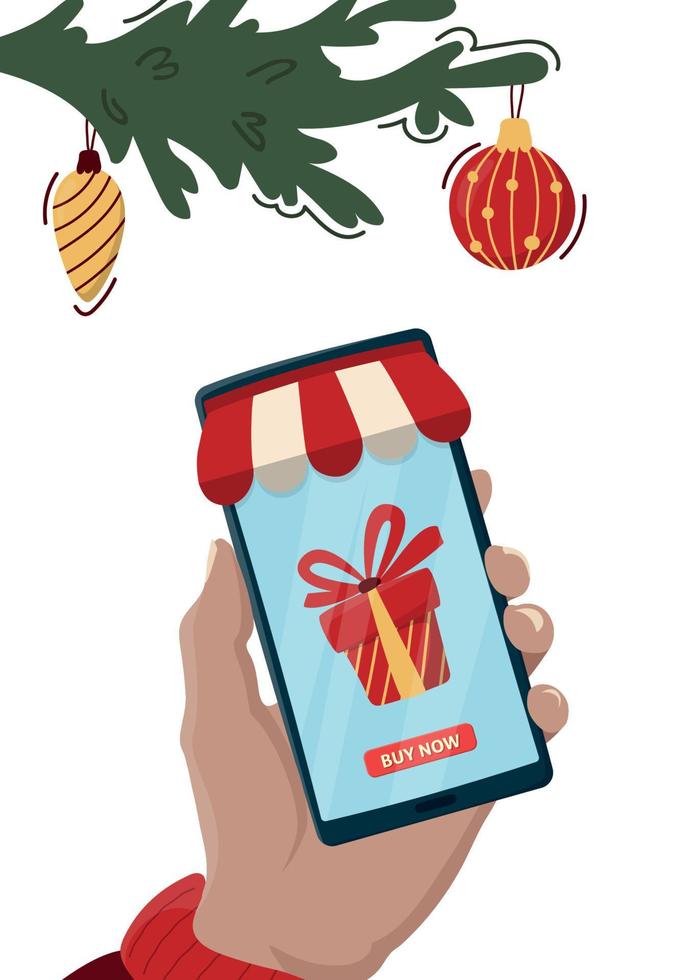 concetto di acquisto online del regalo di natale. ordinare regali online da casa. enorme confezione regalo presente sullo schermo dello smartphone. shopping natalizio nell'app mobile. illustrazione vettoriale piatto. negozio online di e-commerce