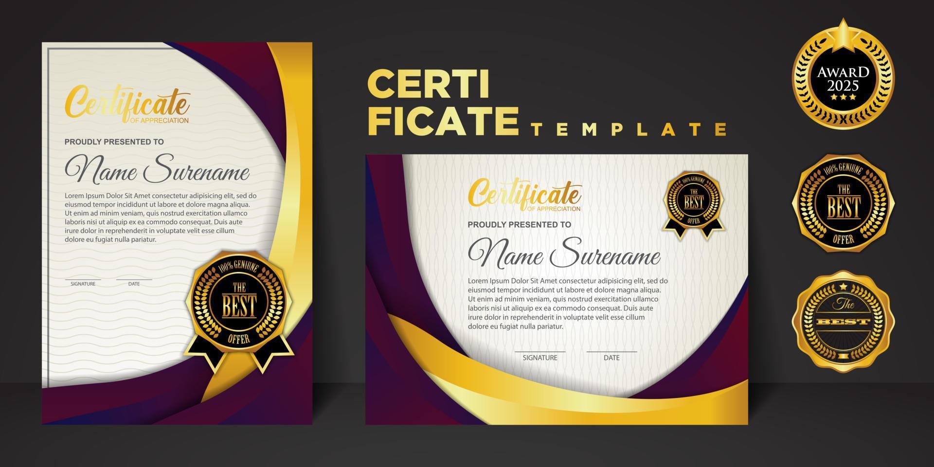 modello di certificato moderno in gradazione e colori oro, lusso e stile moderno e immagine vettoriale in stile premio.