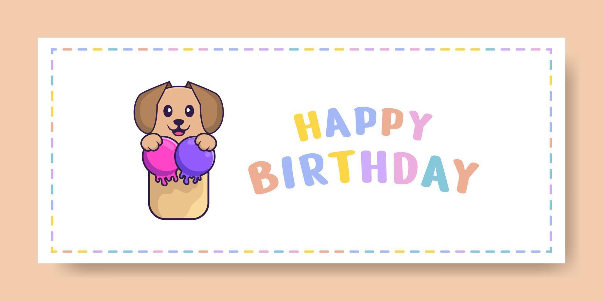 banner di buon compleanno con simpatico personaggio dei cartoni animati di cane. illustrazione vettoriale