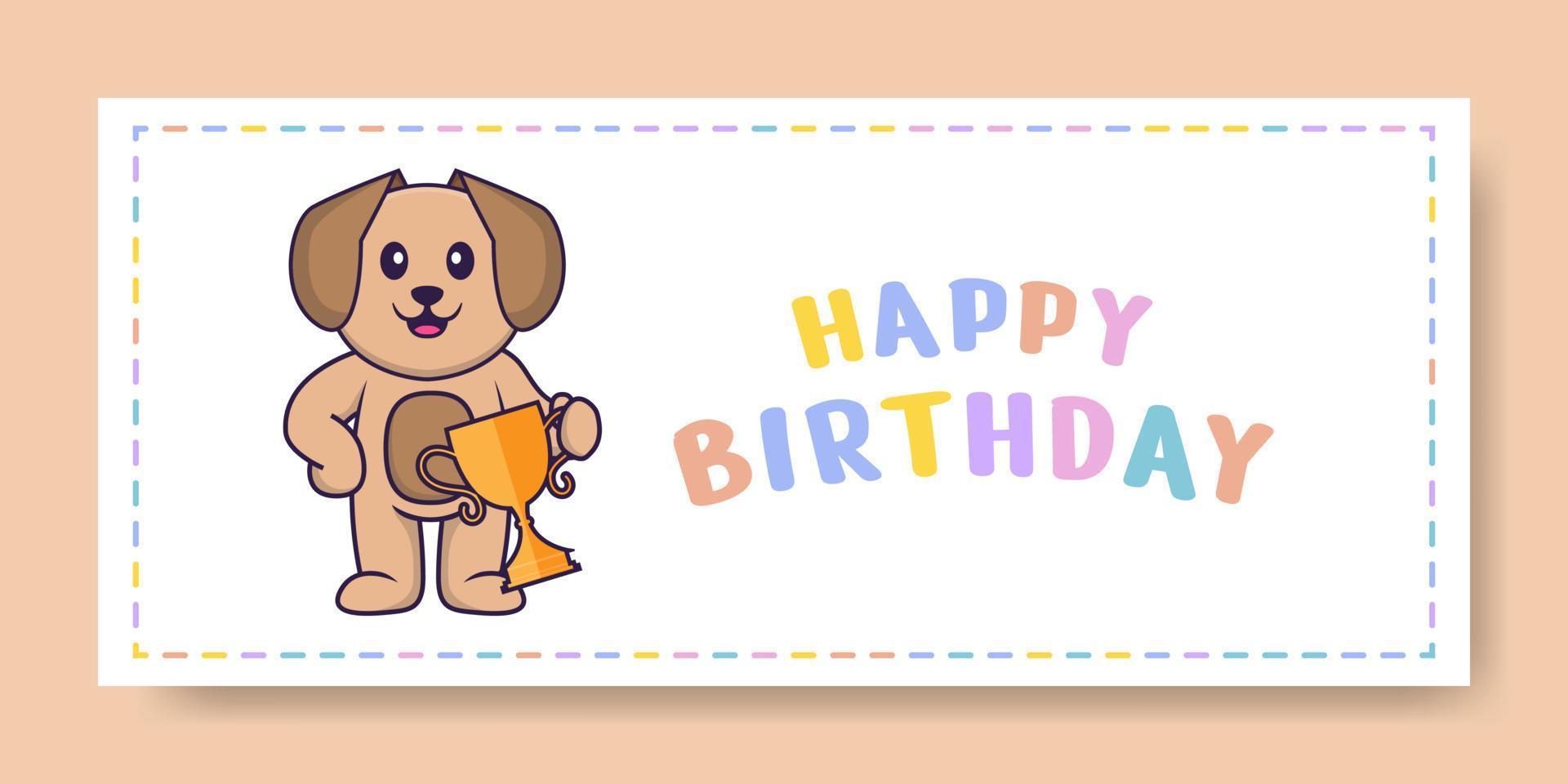 banner di buon compleanno con simpatico personaggio dei cartoni animati di cane. illustrazione vettoriale