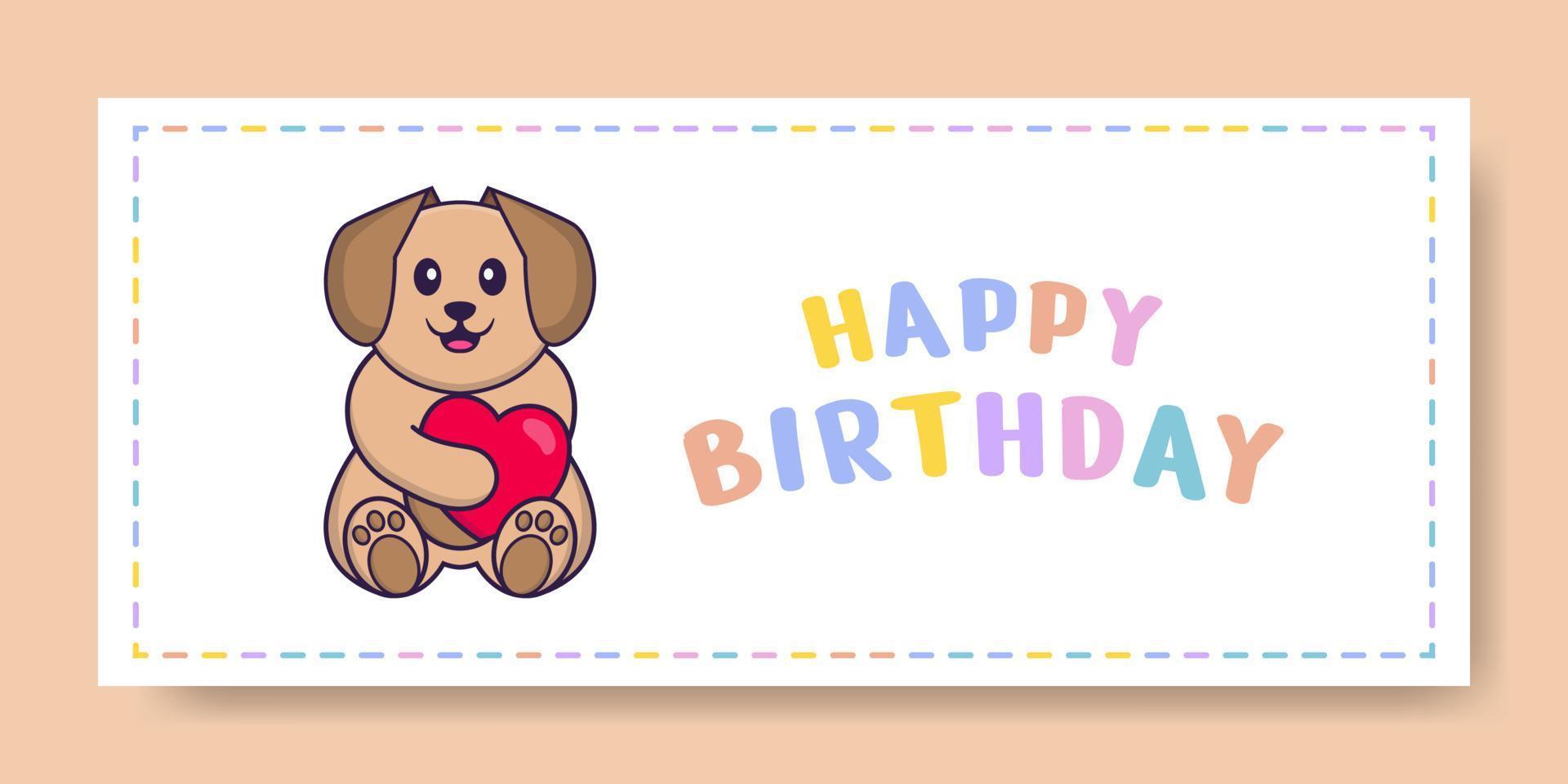 banner di buon compleanno con simpatico personaggio dei cartoni animati di cane. illustrazione vettoriale