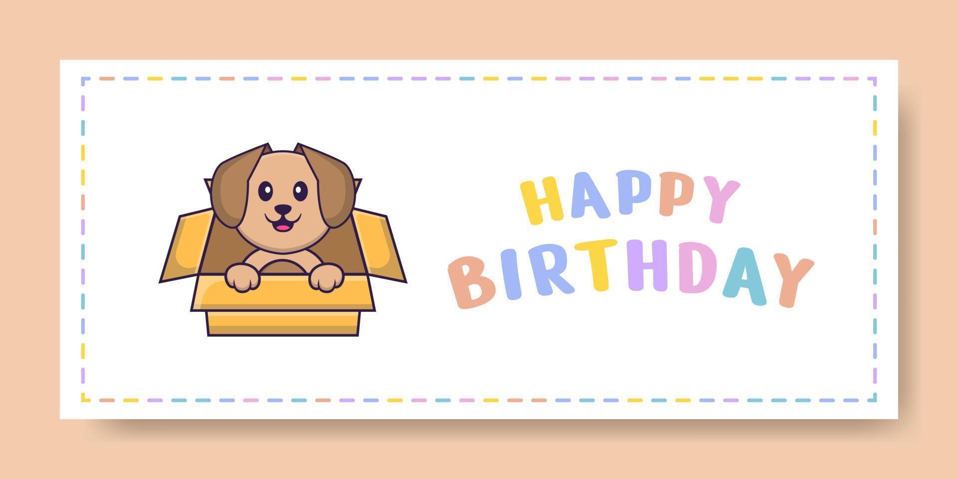 banner di buon compleanno con simpatico personaggio dei cartoni animati di cane. illustrazione vettoriale