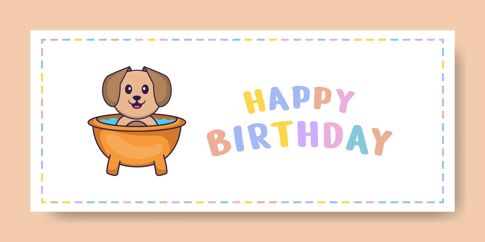 banner di buon compleanno con simpatico personaggio dei cartoni animati di cane. illustrazione vettoriale