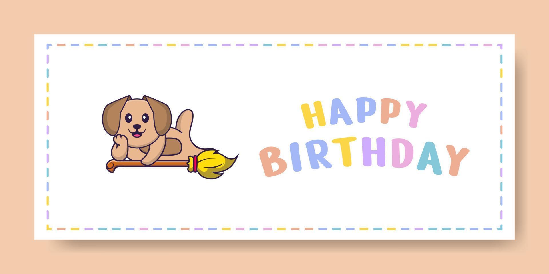 banner di buon compleanno con simpatico personaggio dei cartoni animati di cane. illustrazione vettoriale