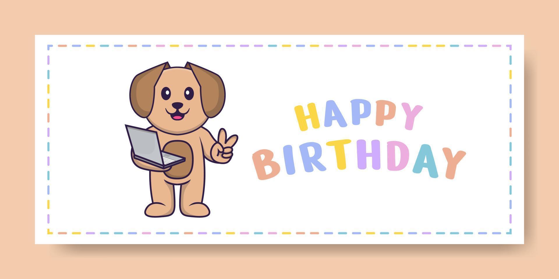 banner di buon compleanno con simpatico personaggio dei cartoni animati di cane. illustrazione vettoriale