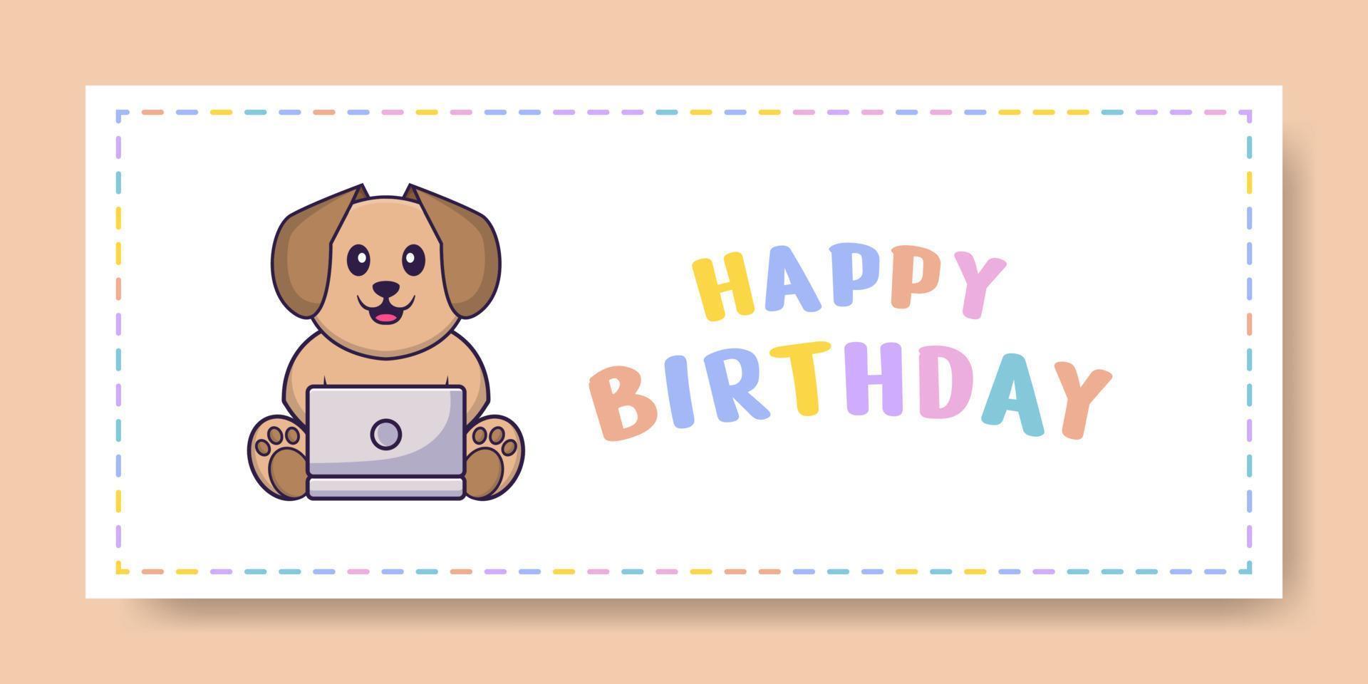 banner di buon compleanno con simpatico personaggio dei cartoni animati di cane. illustrazione vettoriale