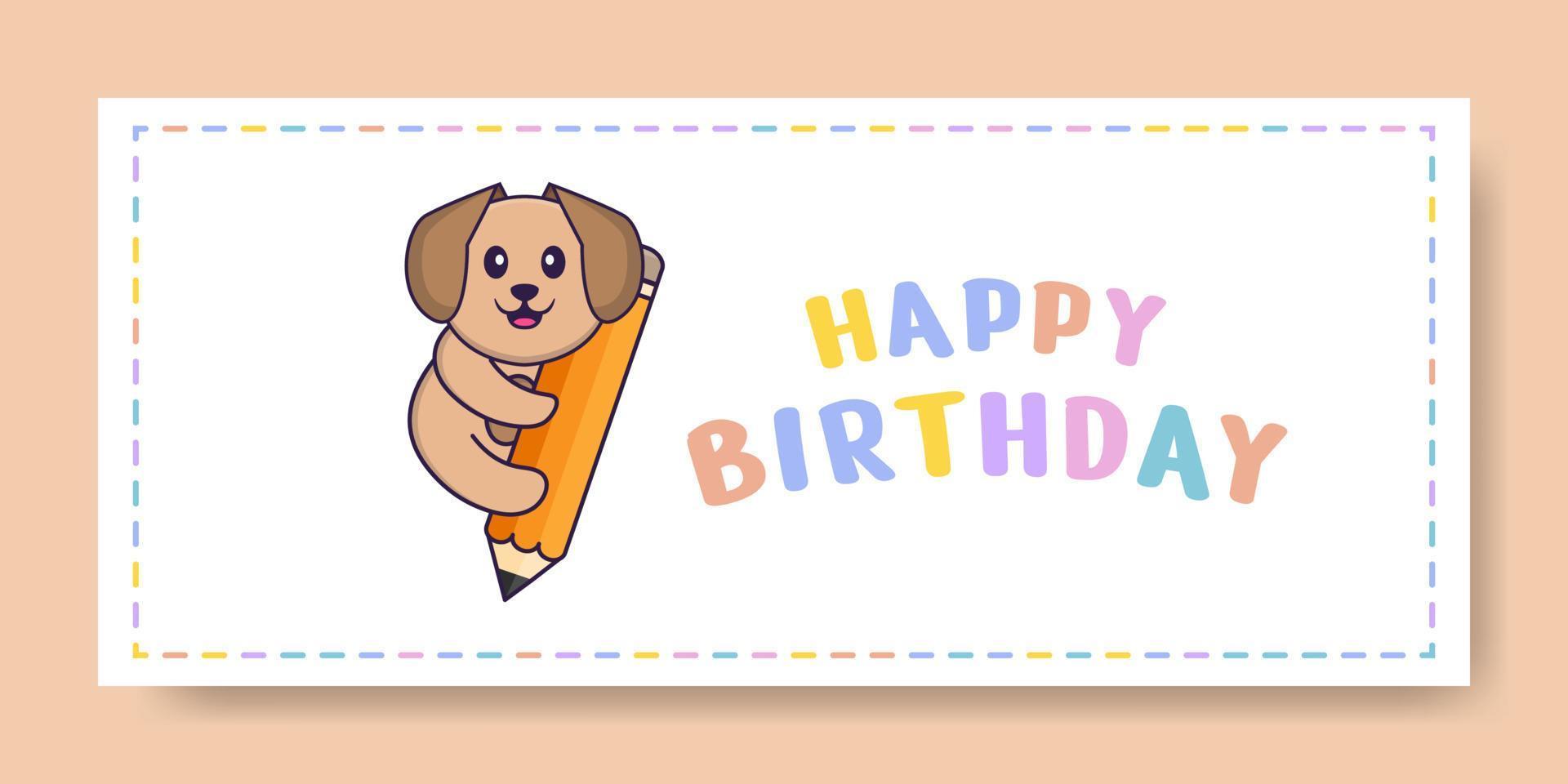 banner di buon compleanno con simpatico personaggio dei cartoni animati di cane. illustrazione vettoriale