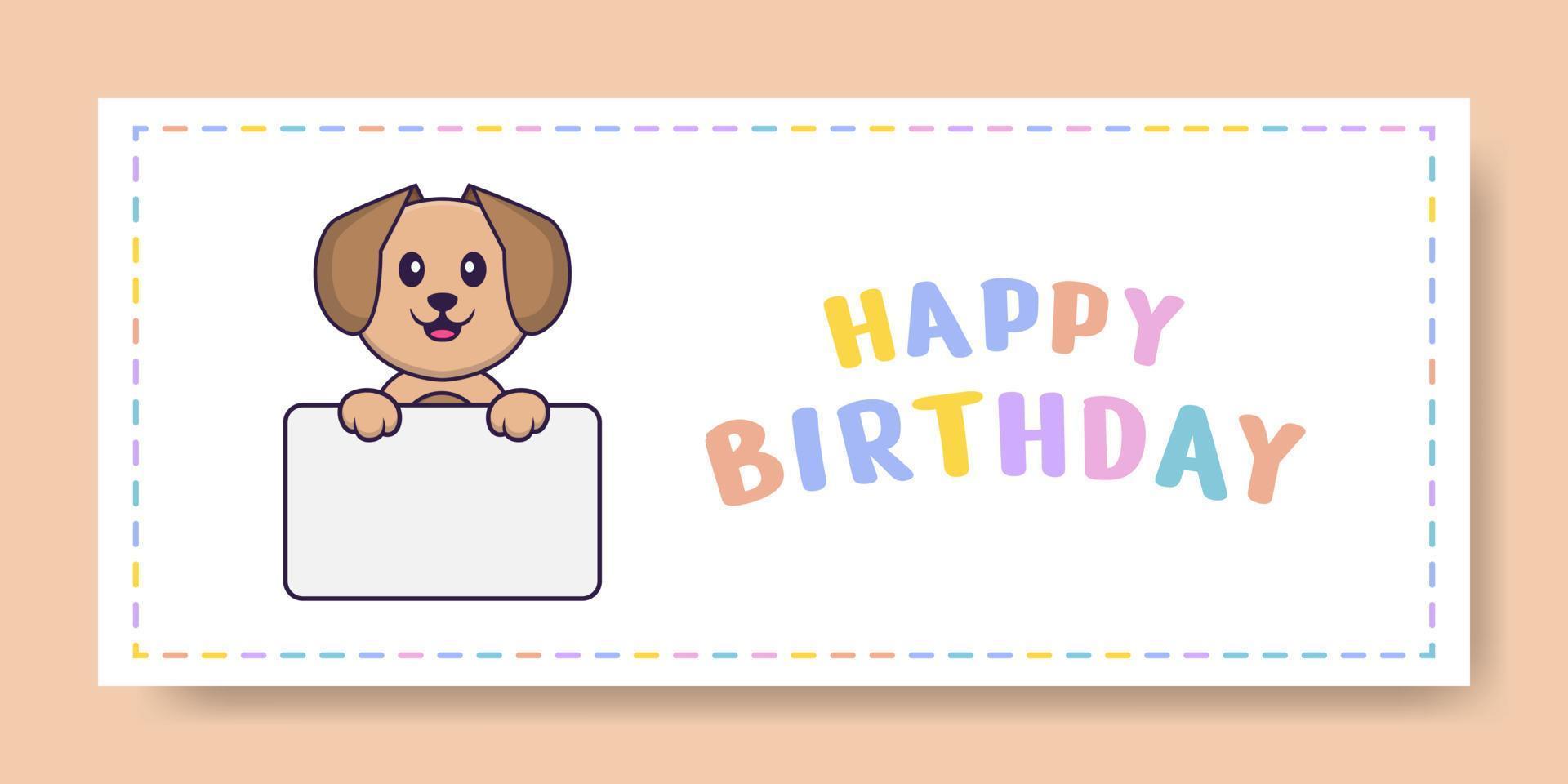 banner di buon compleanno con simpatico personaggio dei cartoni animati di cane. illustrazione vettoriale