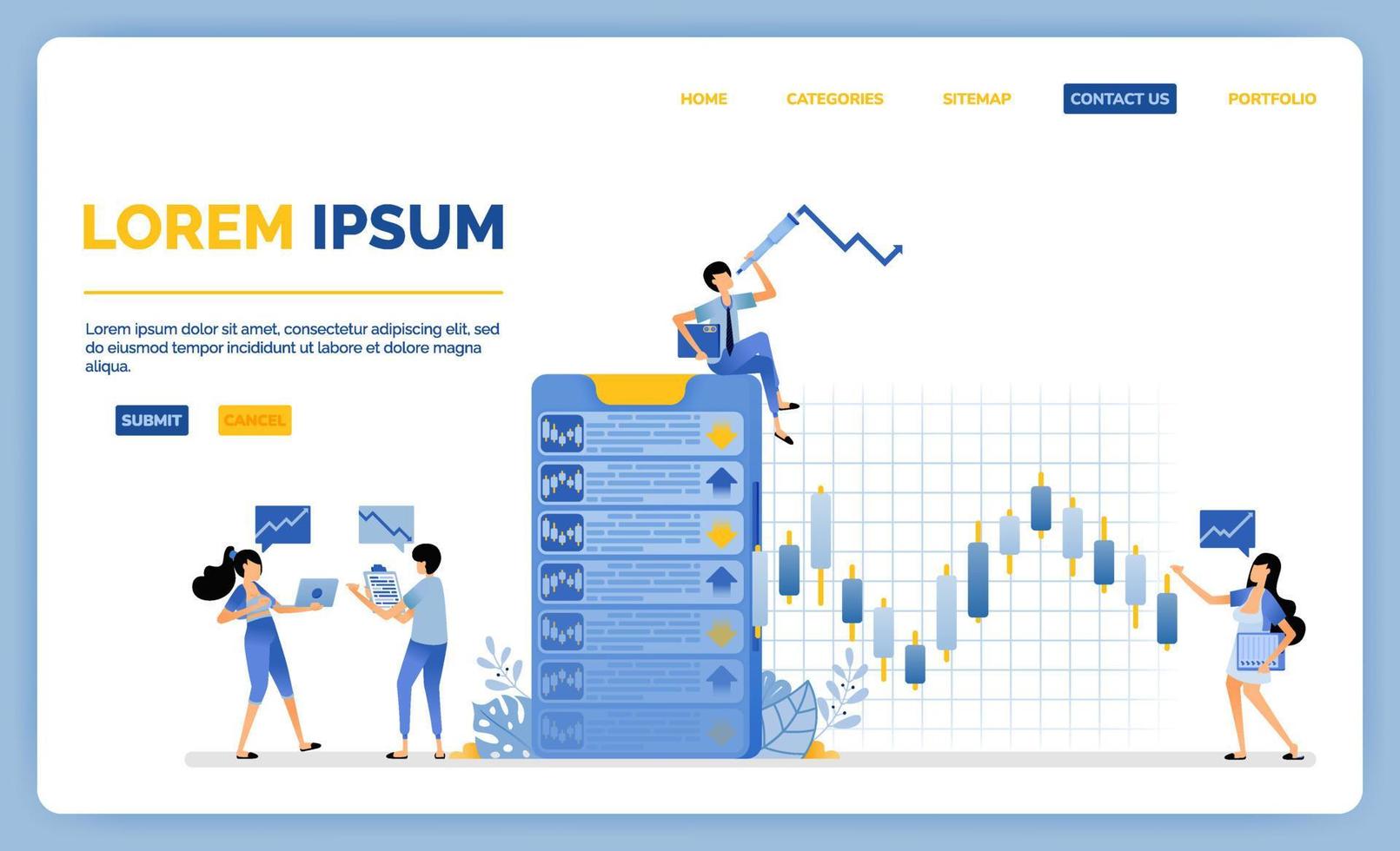 progettazione di app per l'acquisto e la vendita di azioni sul mercato secondario con movimenti grafici in tempo reale illustrazione vettoriale può essere utilizzata per la pagina di destinazione sito web app mobili poster flyer ui ux