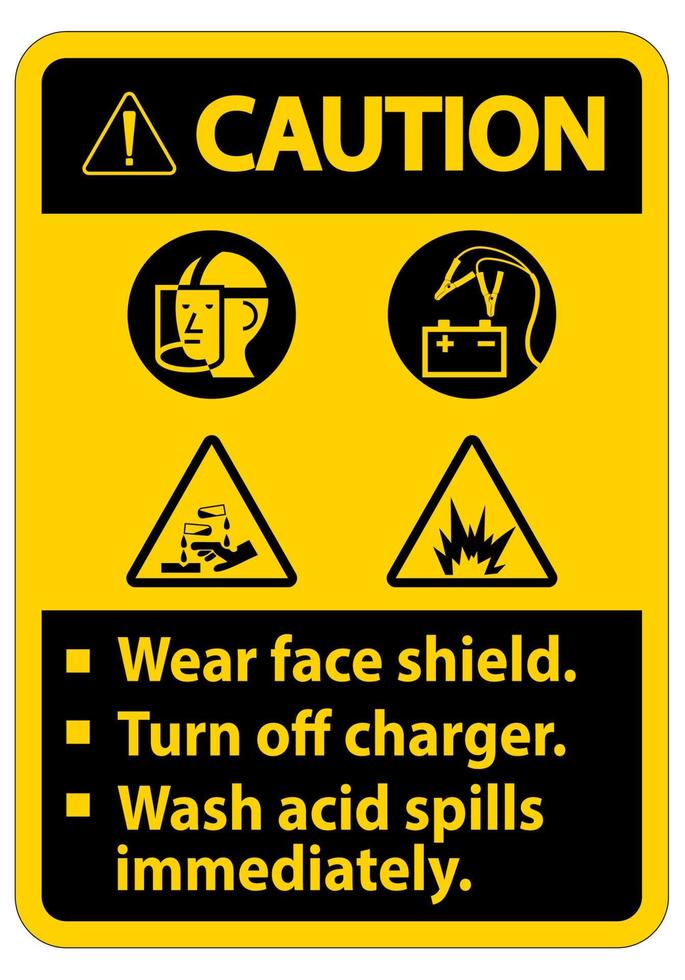 segnale di avvertimento indossare la visiera, spegnere il caricabatterie, lavare immediatamente le fuoriuscite di acido vettore