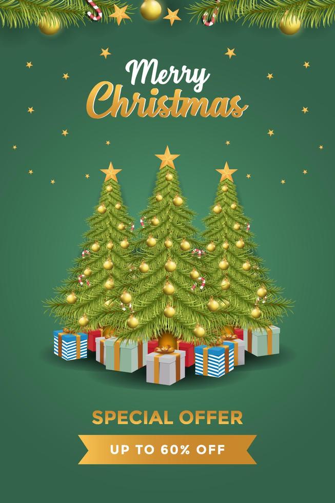 poster di vendita di natale con albero di pino, scatole regalo, lampade, stelle e ornamento di natale vettore