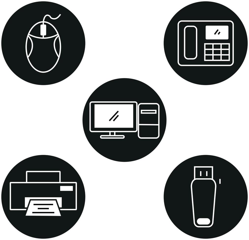 immagini dell'icona dell'attrezzatura per ufficio vettore mouse, computer, flashdisk, stampante