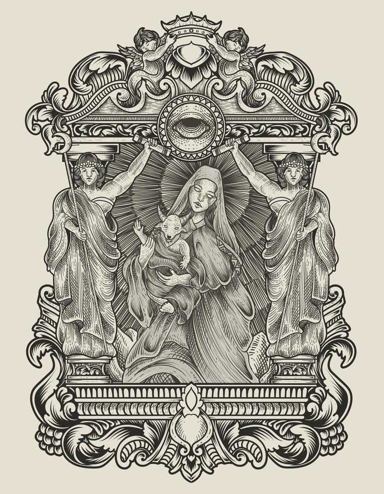 illustrazione baby baphomet e madre con incisione stile ornamento vettore