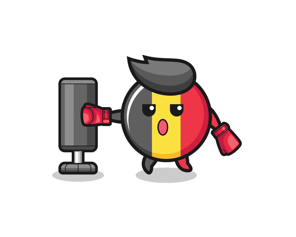 cartone animato del pugile della bandiera del belgio che si allena con il sacco da boxe vettore