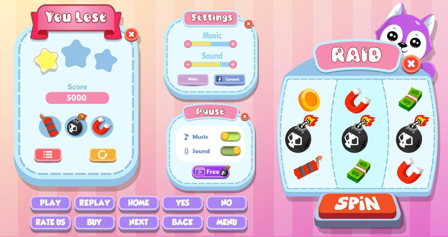 popup del menu dell'interfaccia utente del gioco casuale con pulsanti e risorse di gioco vettore