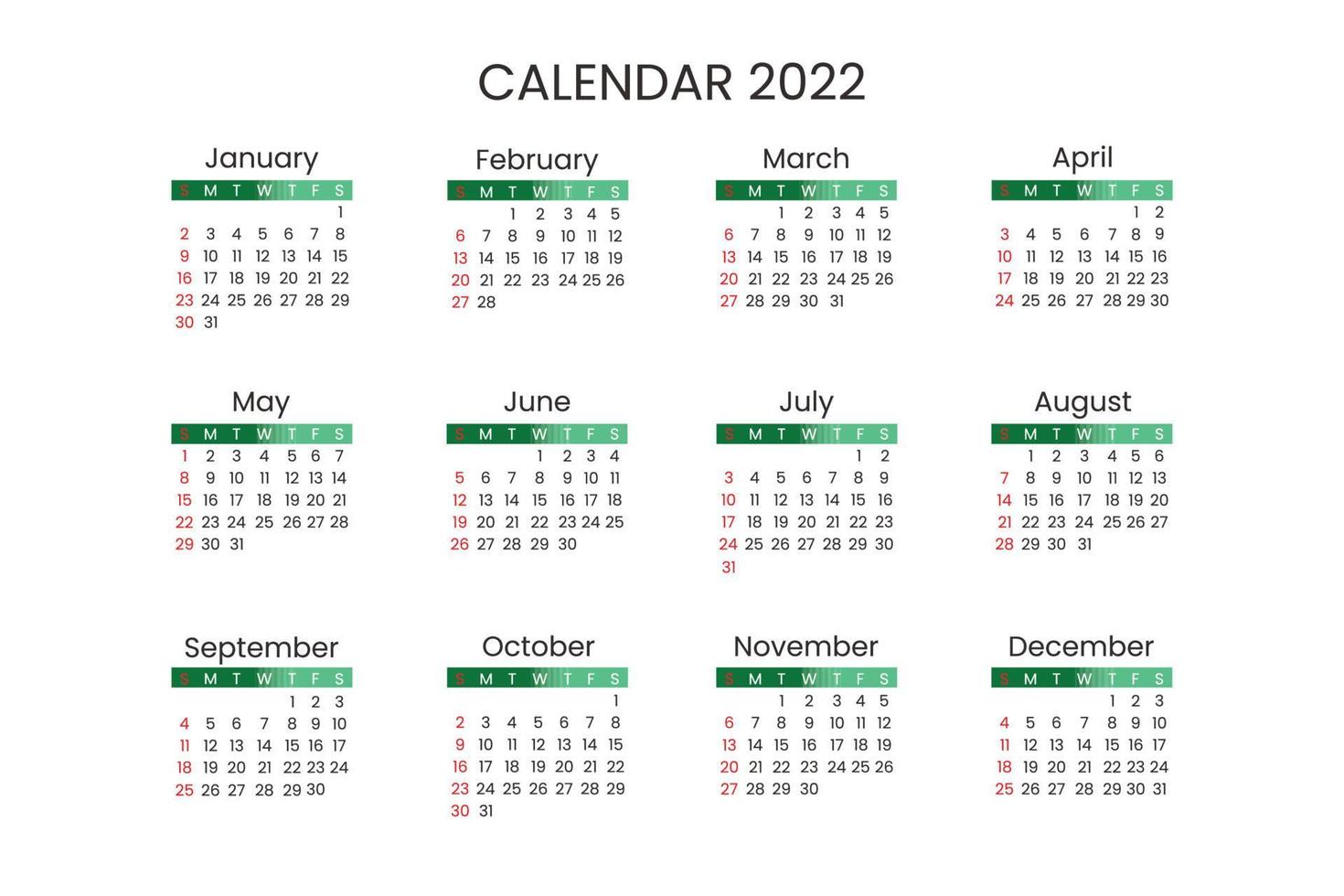 semplice modello di calendario 2022 colore sfumato verde vettore