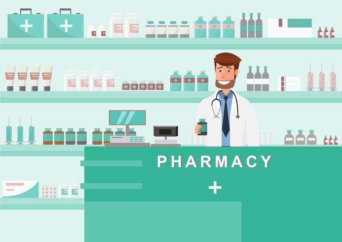 farmacia con medico in contatore. disegno del personaggio dei cartoni animati della farmacia vettore