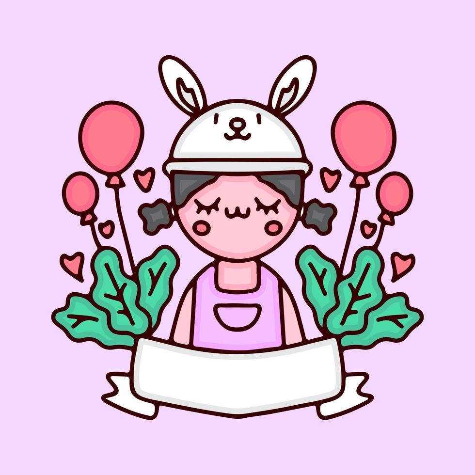 kawaii bambina nel vettore del fumetto del cappello del coniglietto con i palloni. perfetto per bambini della scuola materna, biglietti di auguri, baby shower, design in tessuto.