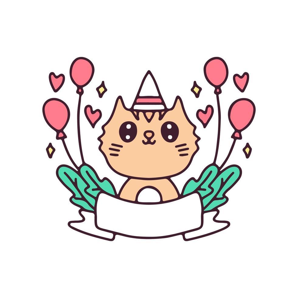 cartone animato gatto kawaii festeggiare la festa di compleanno. perfetto per bambini della scuola materna, biglietti di auguri, baby shower, design in tessuto. vettore