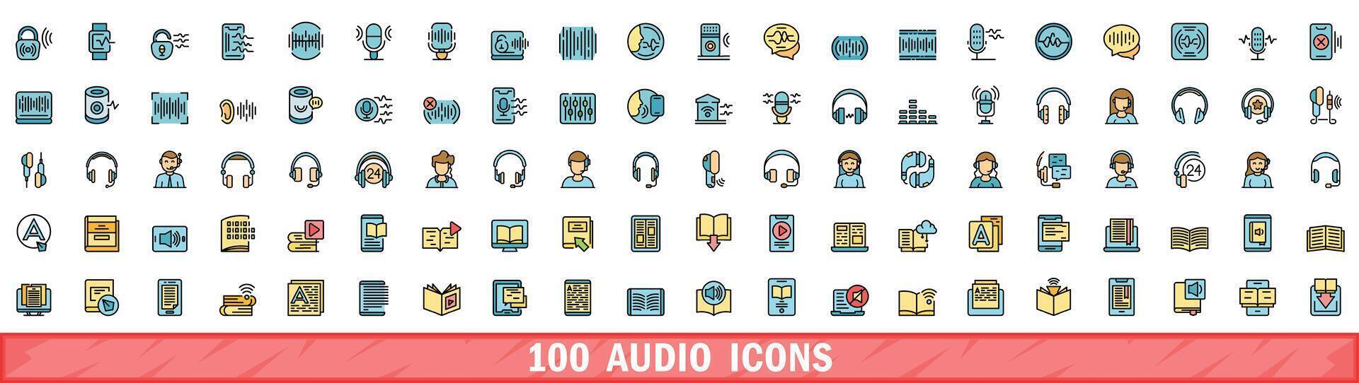 100 Audio icone impostare, colore linea stile vettore