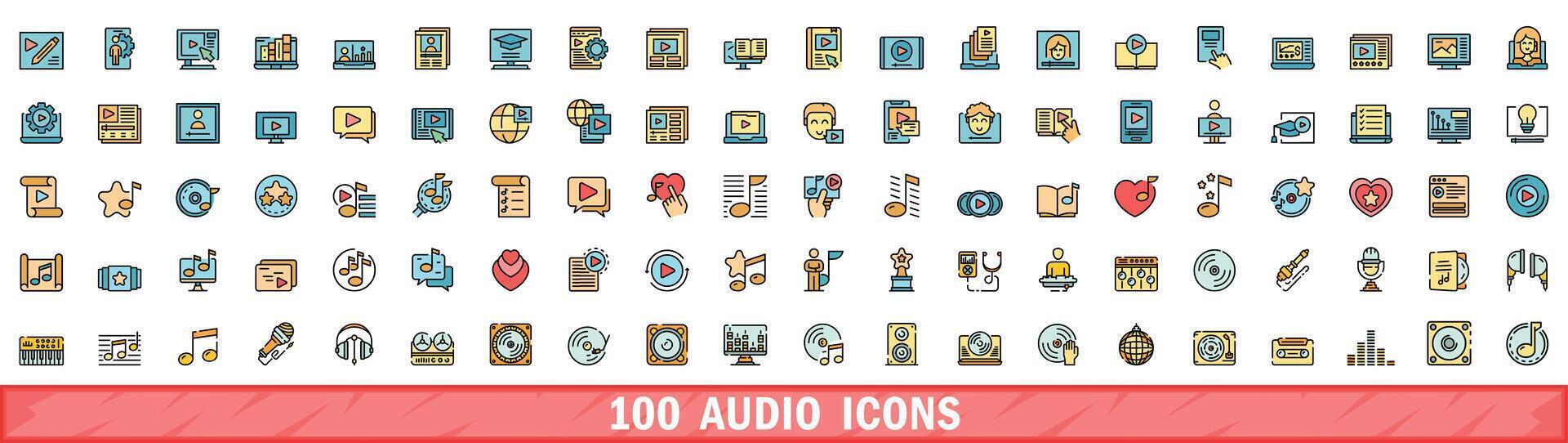 100 Audio icone impostare, colore linea stile vettore