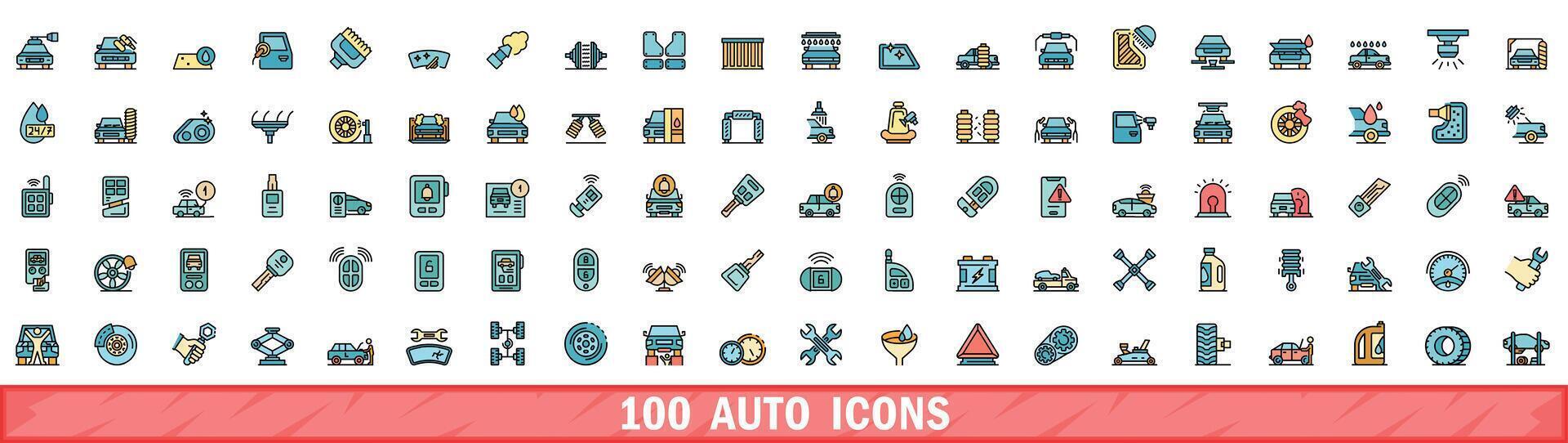100 auto icone impostare, colore linea stile vettore