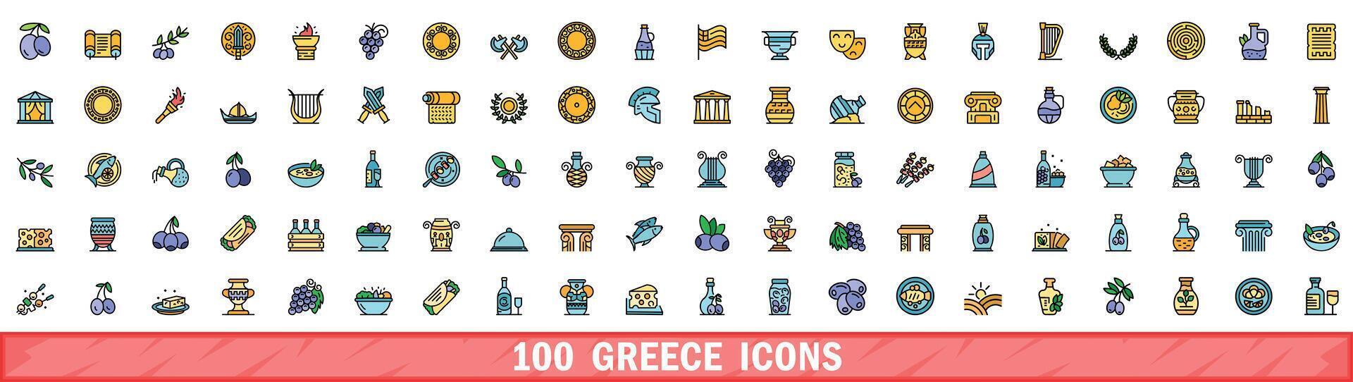 100 Grecia icone impostare, colore linea stile vettore